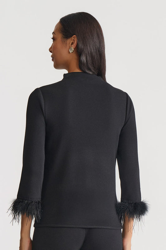 Embellished High Neck Soft Knit Top, Black/White | Ming Wang