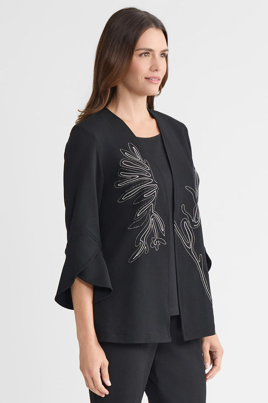 Heritage Embroidered Stretch Deco Crepe Jacket, Black | Ming Wang