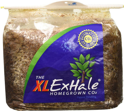 ExHale XL CO2 supplement bag with brown organic material, blue label, and white top clip.