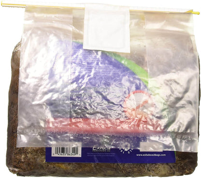Clear plastic bag of soil substrate with a yellow clip, white filter patch, and blue branded label.