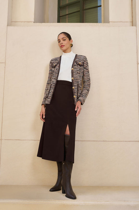 Eyelash Tweed Knit Jacket, Warm Taupe/Dark Umber/Ivory | Ming Wang
