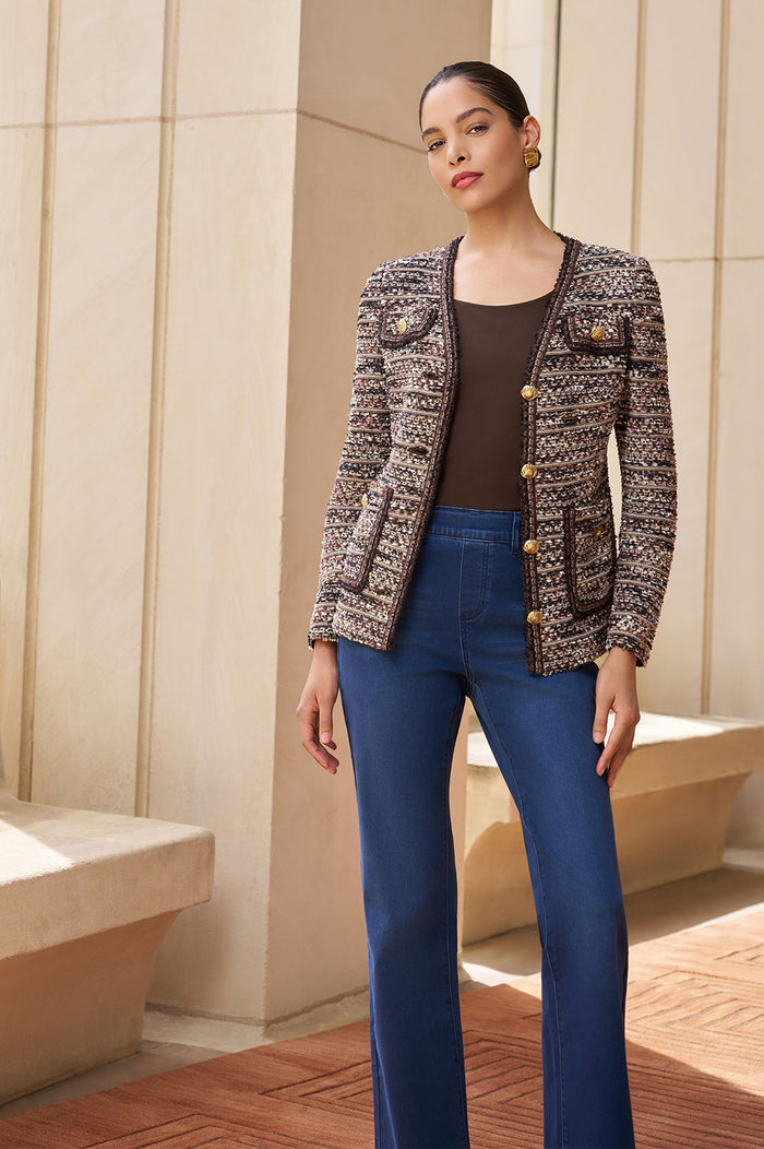 Eyelash Tweed Knit Jacket, Warm Taupe/Dark Umber/Ivory | Ming Wang