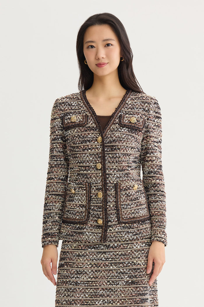 Eyelash Tweed Knit Jacket, Warm Taupe/Dark Umber/Ivory | Ming Wang
