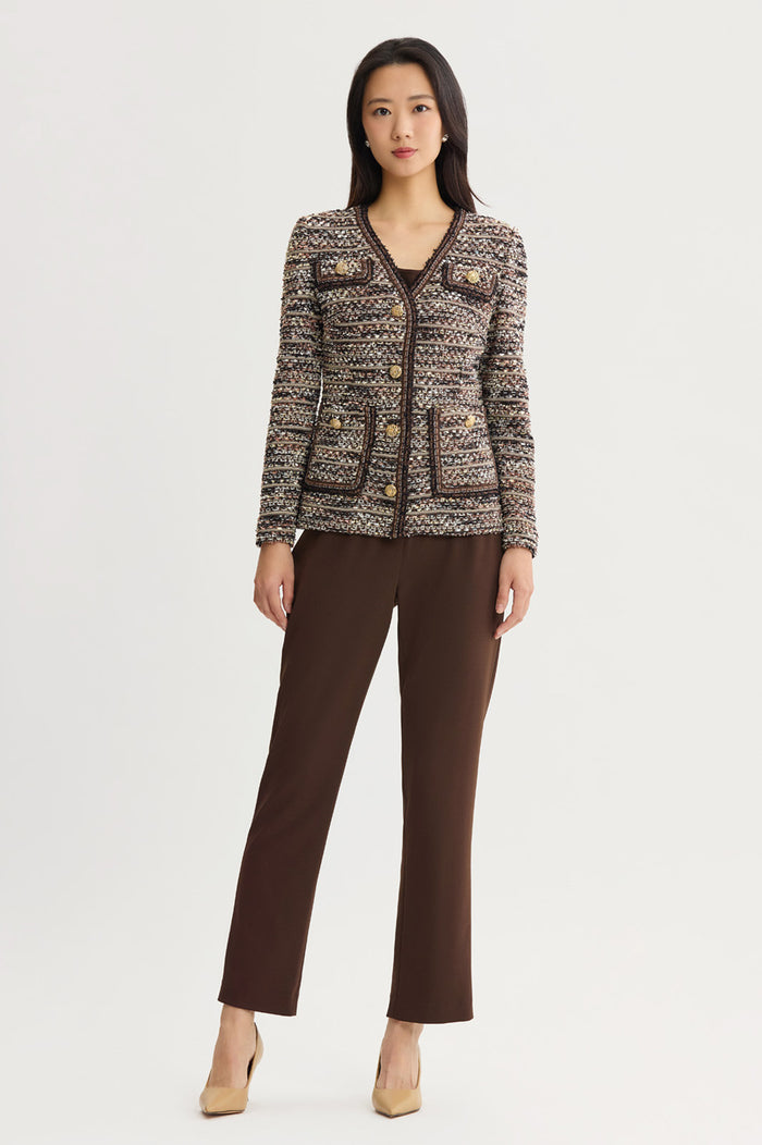 Eyelash Tweed Knit Jacket, Warm Taupe/Dark Umber/Ivory | Ming Wang