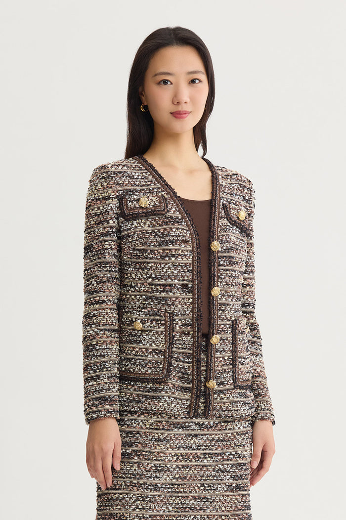 Eyelash Tweed Knit Jacket, Warm Taupe/Dark Umber/Ivory | Ming Wang