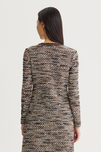 Eyelash Tweed Knit Jacket, Warm Taupe/Dark Umber/Ivory | Ming Wang