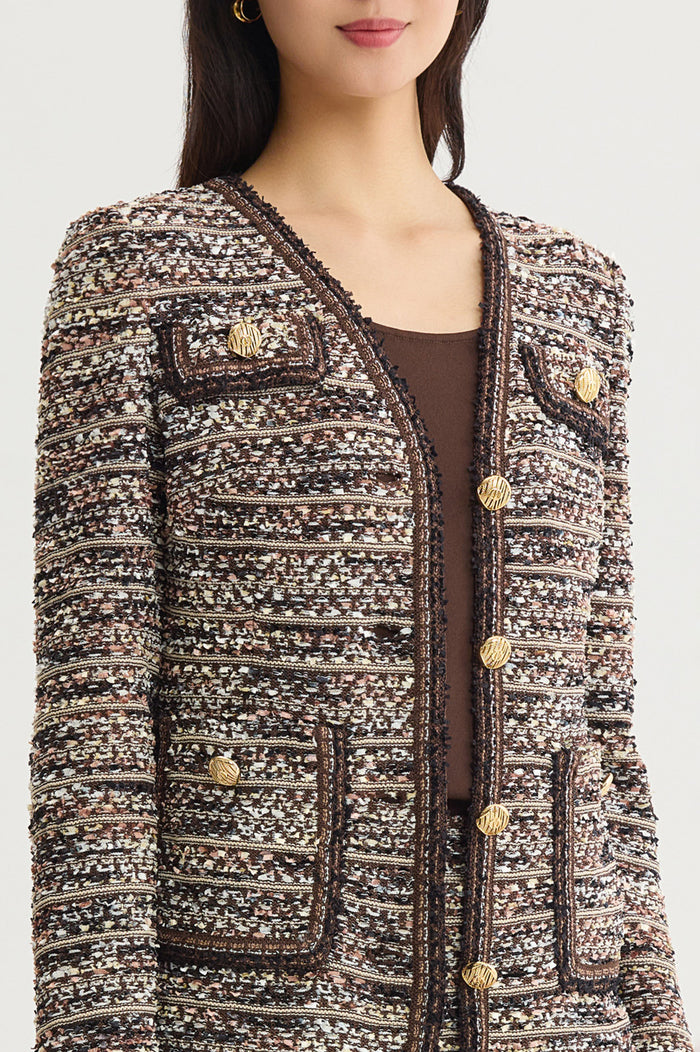 Eyelash Tweed Knit Jacket, Warm Taupe/Dark Umber/Ivory | Ming Wang