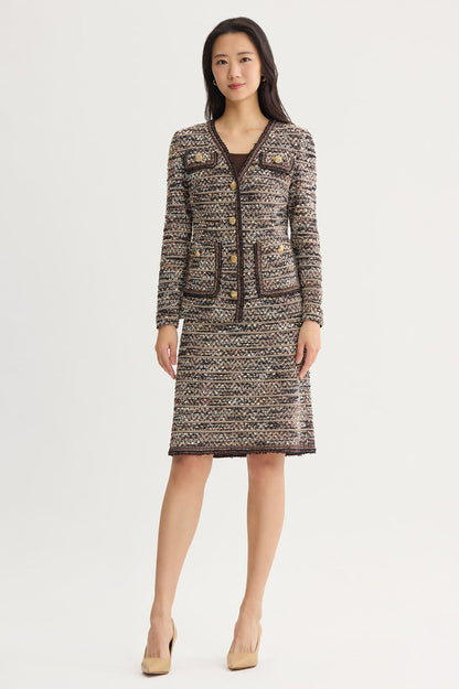 Eyelash Tweed Knit Jacket, Warm Taupe/Dark Umber/Ivory | Ming Wang