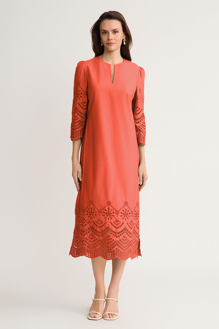 Eyelet Straight Cotton Maxi Dress, Sunkist Coral | Ming Wang