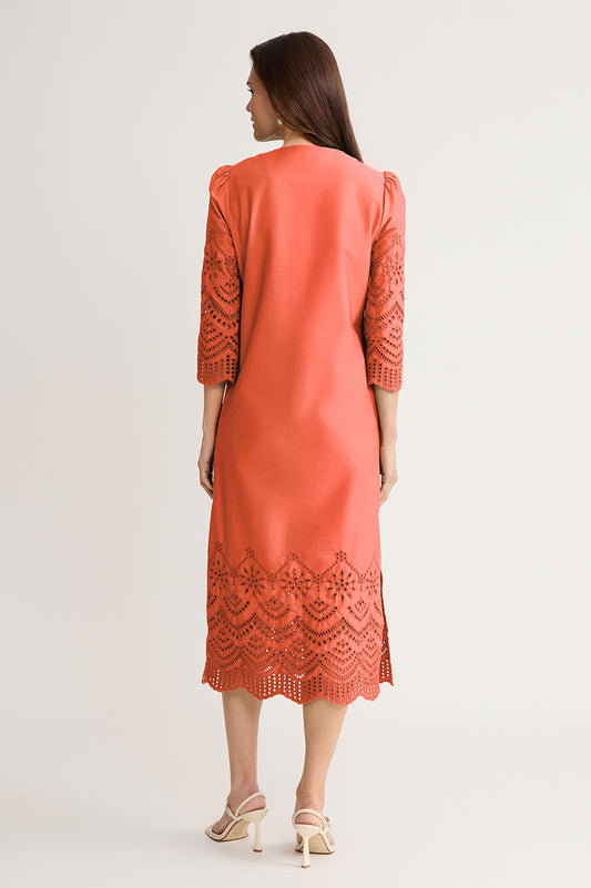 Eyelet Straight Cotton Maxi Dress, Sunkist Coral | Ming Wang