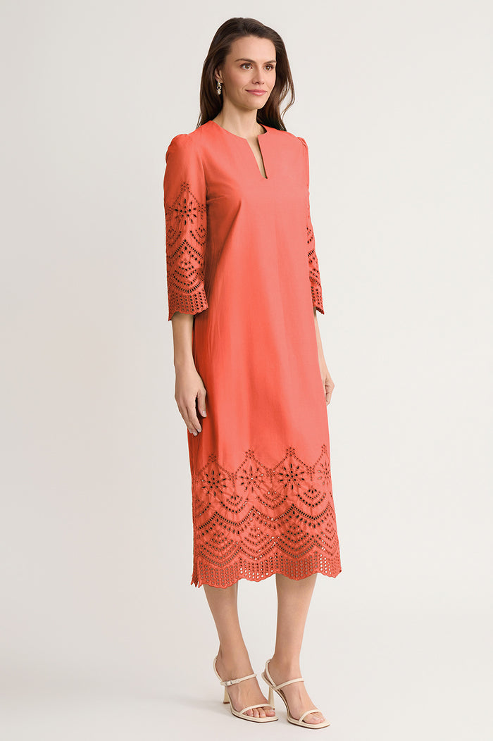 Eyelet Straight Cotton Maxi Dress, Sunkist Coral | Ming Wang