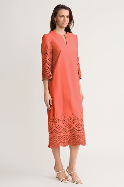 Eyelet Straight Cotton Maxi Dress, Sunkist Coral | Ming Wang