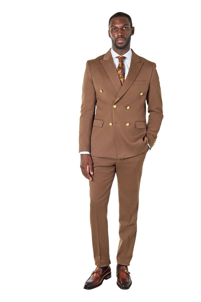 EZRA – BROWN TAILORED FIT DOUBLE BREASTED SUIT WITH GOLD TONE BUTTONS