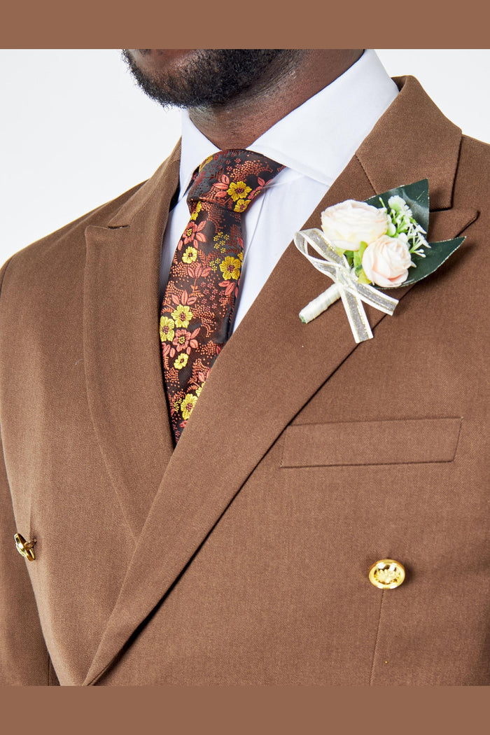 EZRA – BROWN TAILORED FIT DOUBLE BREASTED SUIT WITH GOLD TONE BUTTONS
