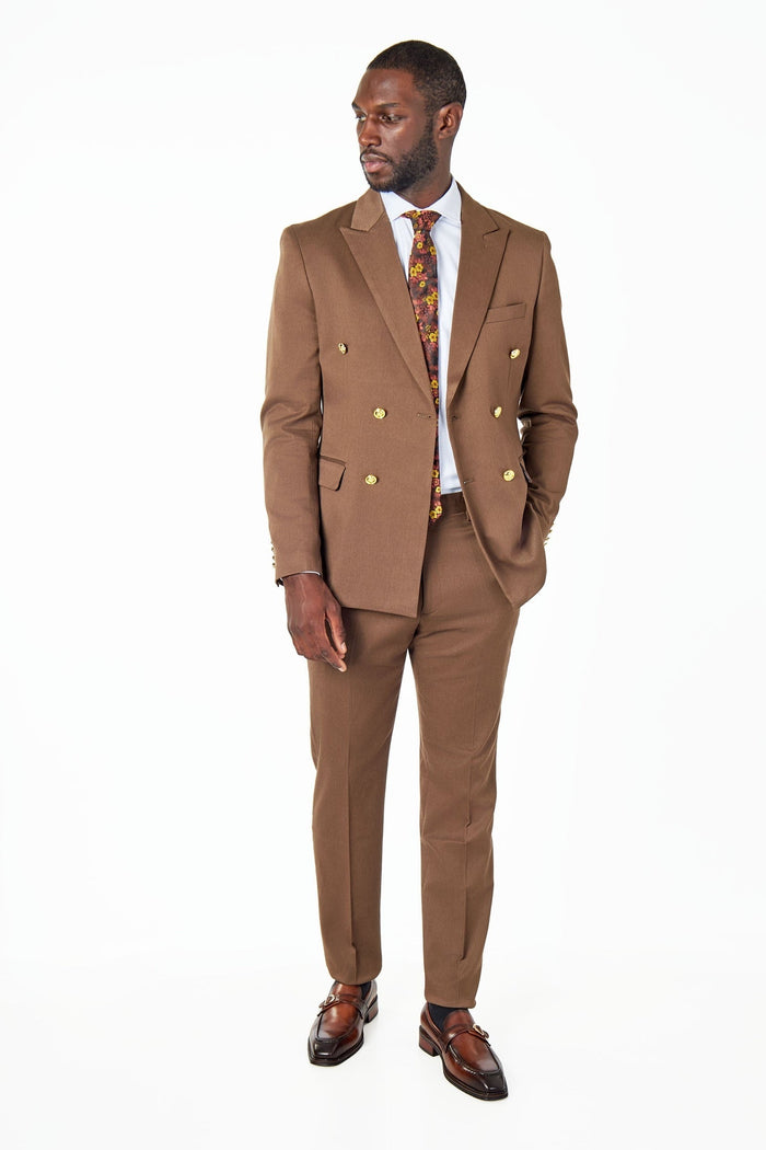 EZRA – BROWN TAILORED FIT DOUBLE BREASTED SUIT WITH GOLD TONE BUTTONS