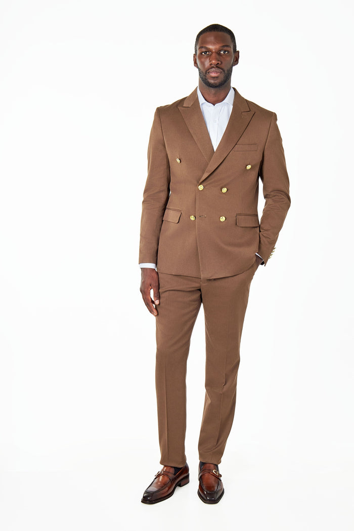 EZRA – BROWN TAILORED FIT DOUBLE BREASTED SUIT WITH GOLD TONE BUTTONS