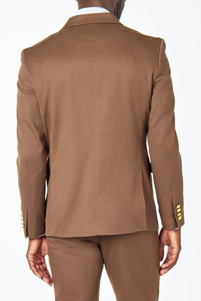 EZRA – BROWN TAILORED FIT DOUBLE BREASTED SUIT WITH GOLD TONE BUTTONS