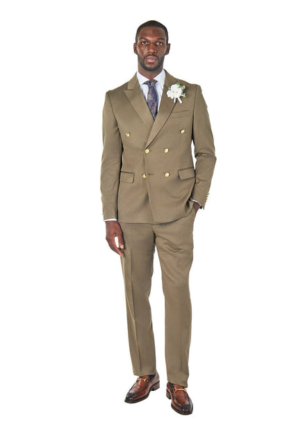 EZRA – KHAKI TAILORED FIT DOUBLE BREASTED SUIT WITH GOLD TONE BUTTONS