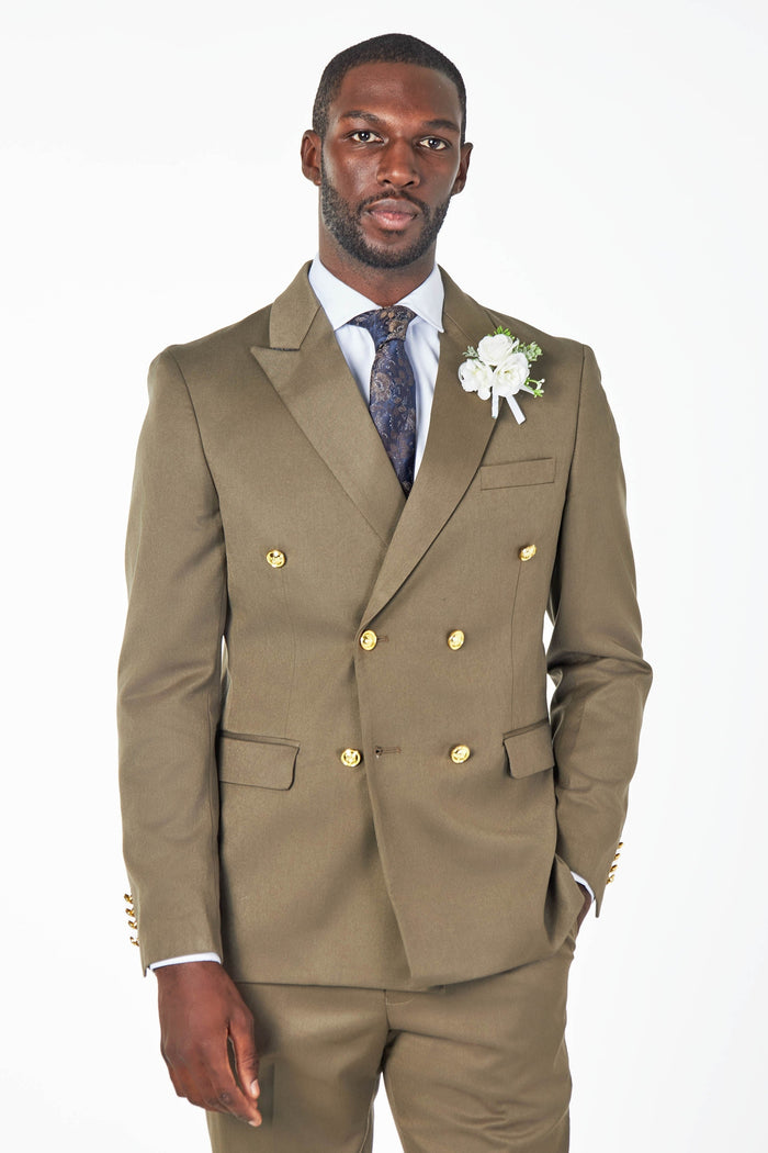 EZRA – KHAKI TAILORED FIT DOUBLE BREASTED SUIT WITH GOLD TONE BUTTONS