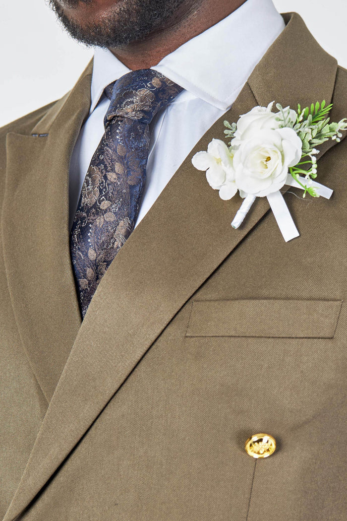 EZRA – KHAKI TAILORED FIT DOUBLE BREASTED SUIT WITH GOLD TONE BUTTONS