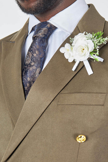 EZRA – KHAKI TAILORED FIT DOUBLE BREASTED SUIT WITH GOLD TONE BUTTONS
