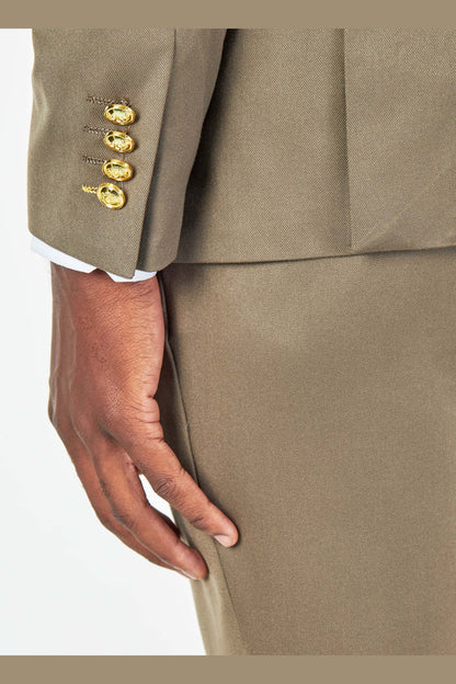 EZRA – KHAKI TAILORED FIT DOUBLE BREASTED SUIT WITH GOLD TONE BUTTONS
