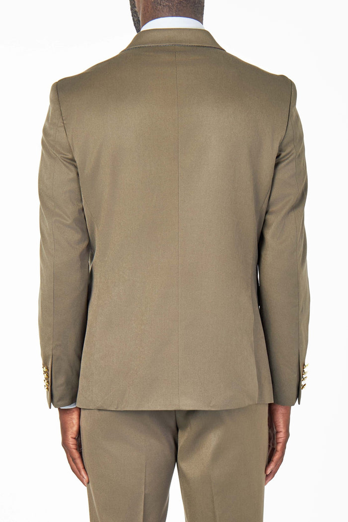 EZRA – KHAKI TAILORED FIT DOUBLE BREASTED SUIT WITH GOLD TONE BUTTONS