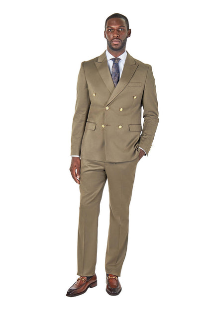 EZRA – KHAKI TAILORED FIT DOUBLE BREASTED SUIT WITH GOLD TONE BUTTONS