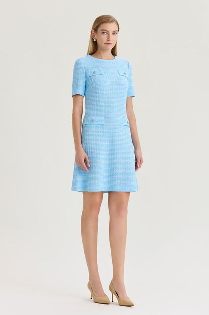 A-Line Tweed Texture Above-the-Knee Dress, Serene/White | Ming Wang