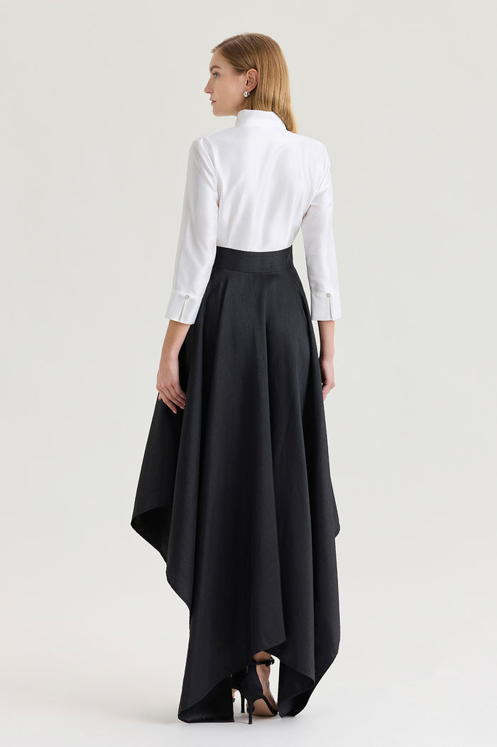 Fit-N-Flare Tie-Waist Woven Maxi Dress, Black/White | Ming Wang