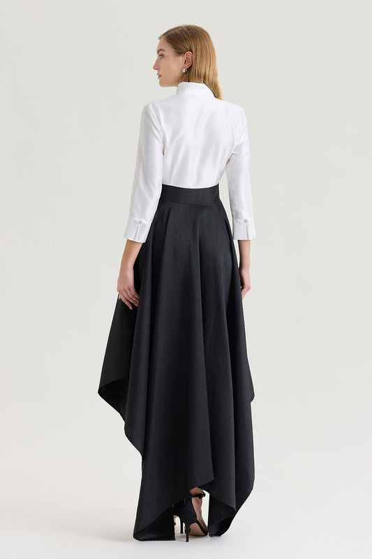 Fit-N-Flare Tie-Waist Woven Maxi Dress, Black/White | Ming Wang