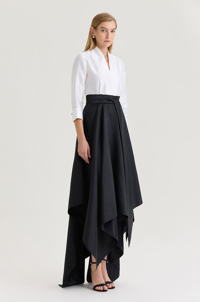 Fit-N-Flare Tie-Waist Woven Maxi Dress, Black/White | Ming Wang