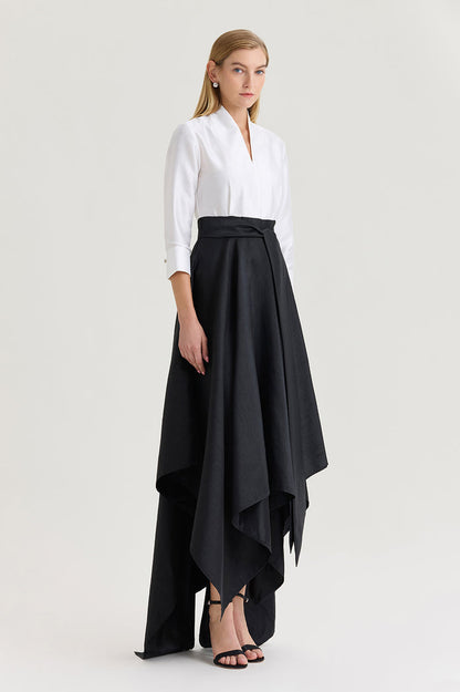 Fit-N-Flare Tie-Waist Woven Maxi Dress, Black/White | Ming Wang