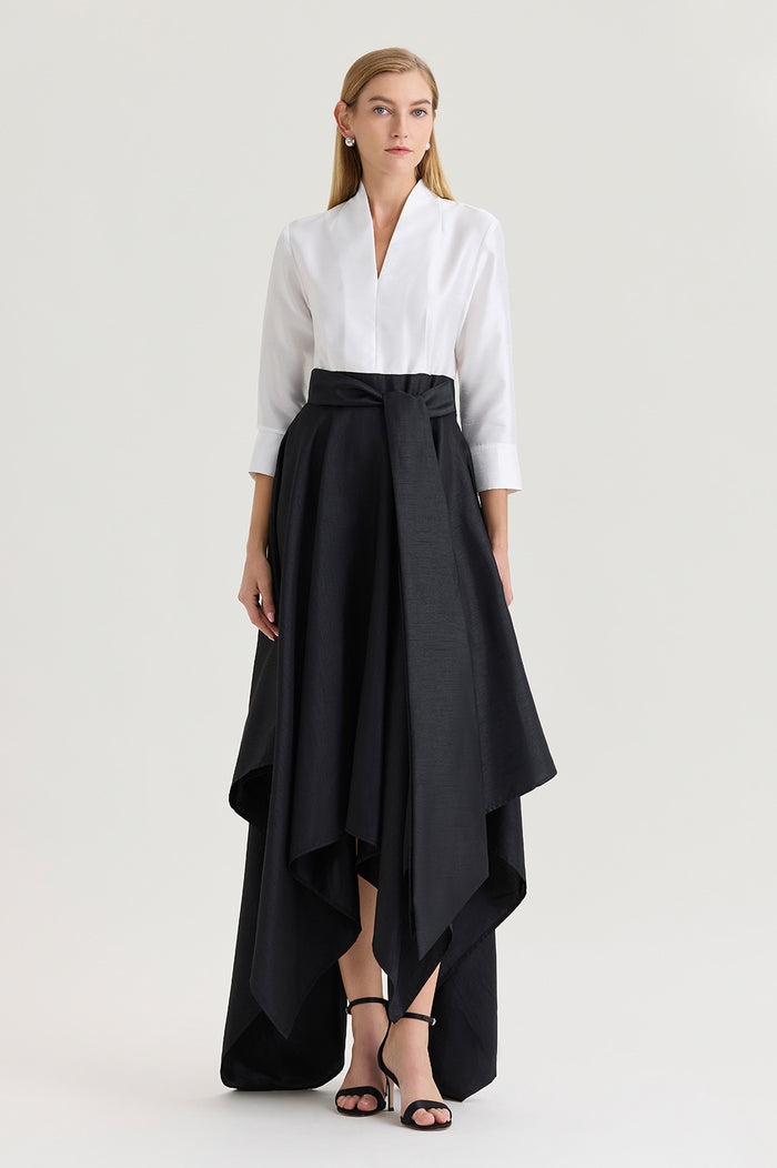Fit-N-Flare Tie-Waist Woven Maxi Dress, Black/White | Ming Wang
