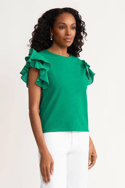 Family Savvy Flutter Sleeve Mixed-Media Top, Kelly Green, Kelly Green | Ming Wang