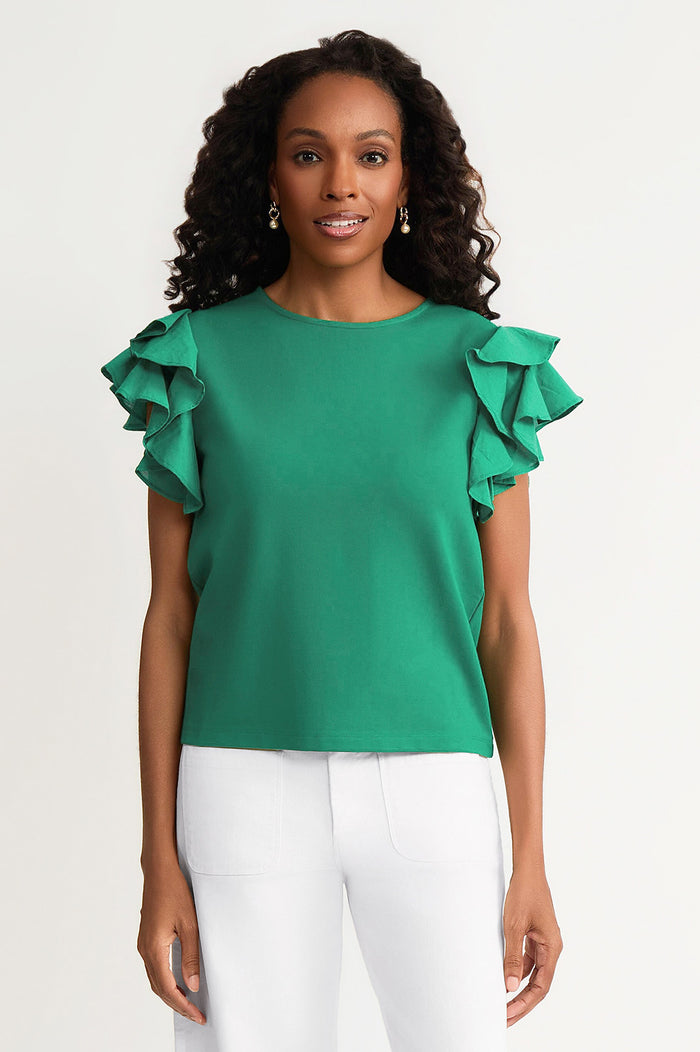 Family Savvy Flutter Sleeve Mixed-Media Top, Kelly Green, Kelly Green | Ming Wang