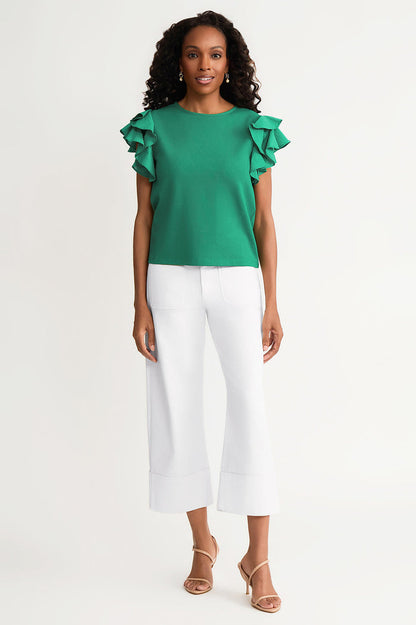 Family Savvy Flutter Sleeve Mixed-Media Top, Kelly Green, Kelly Green | Ming Wang