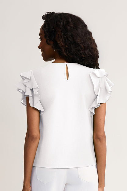 Family Savvy Flutter Sleeve Mixed-Media Top, White, White | Ming Wang