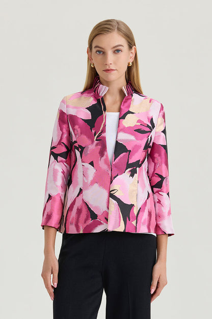 Heritage Shimmer Lined Floral Jacquard Woven Jacket, Carmine Rose/Perfect Pink/Limestone/White/Black | Ming Wang
