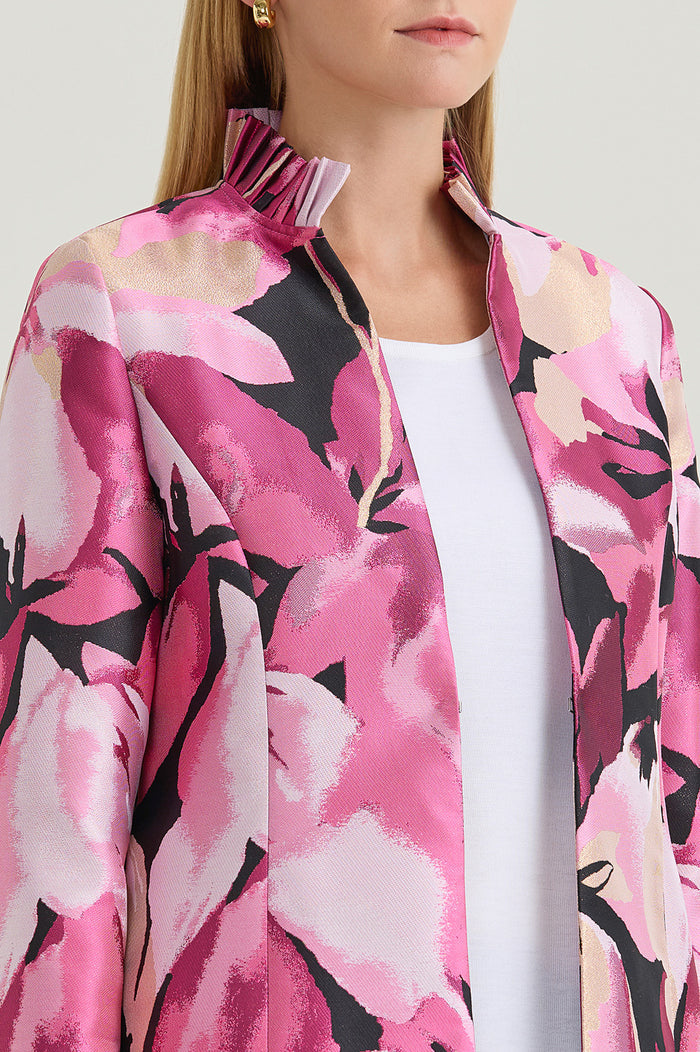 Heritage Shimmer Lined Floral Jacquard Woven Jacket, Carmine Rose/Perfect Pink/Limestone/White/Black | Ming Wang