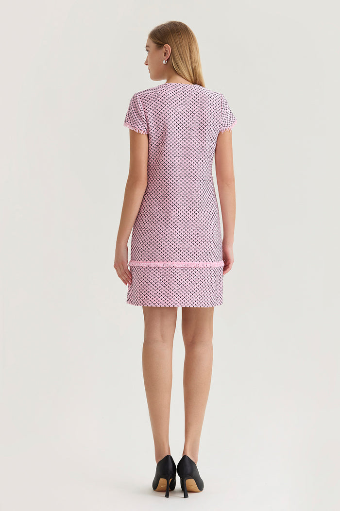Shell Stitch Fringe Accent Knit Sheath Dress, Perfect Pink/Black | Ming Wang