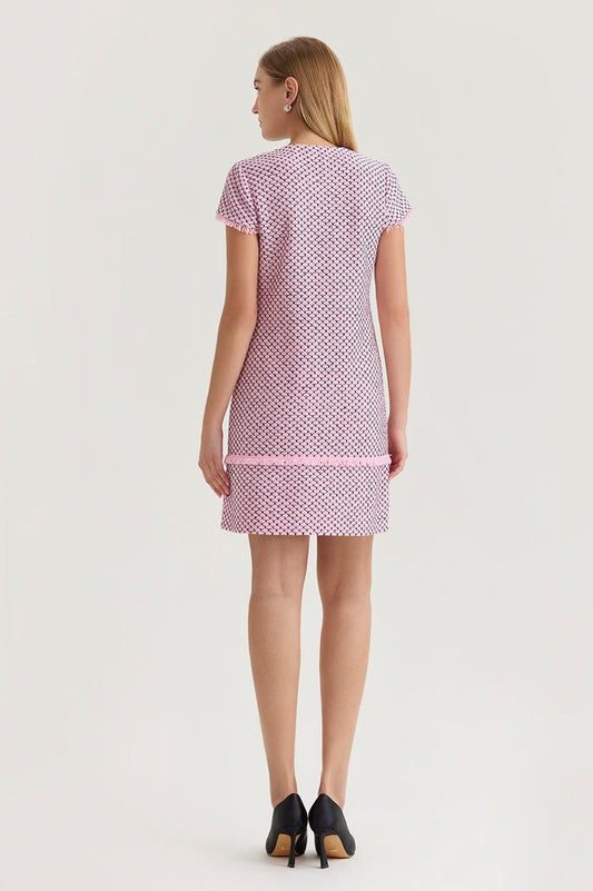 Shell Stitch Fringe Accent Knit Sheath Dress, Perfect Pink/Black | Ming Wang