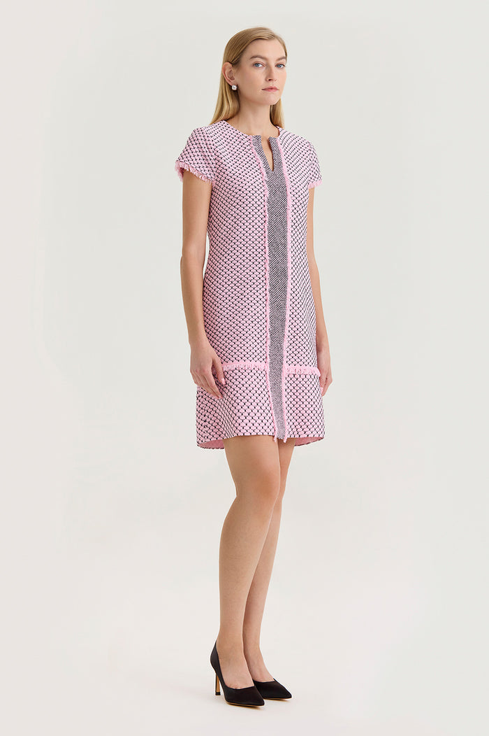 Shell Stitch Fringe Accent Knit Sheath Dress, Perfect Pink/Black | Ming Wang
