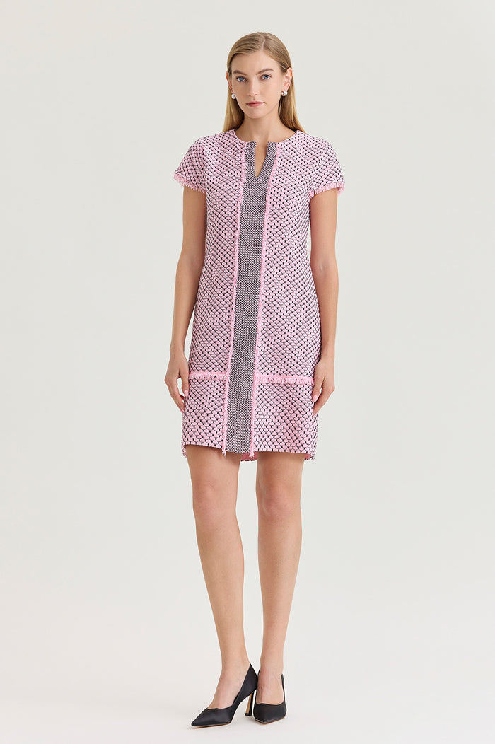 Shell Stitch Fringe Accent Knit Sheath Dress, Perfect Pink/Black | Ming Wang