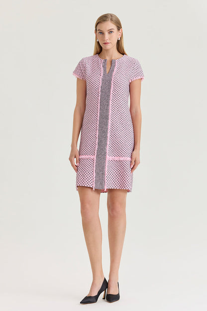 Shell Stitch Fringe Accent Knit Sheath Dress, Perfect Pink/Black | Ming Wang