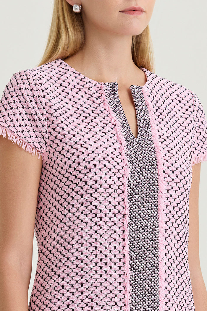 Shell Stitch Fringe Accent Knit Sheath Dress, Perfect Pink/Black | Ming Wang