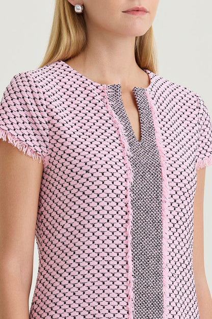Shell Stitch Fringe Accent Knit Sheath Dress, Perfect Pink/Black | Ming Wang