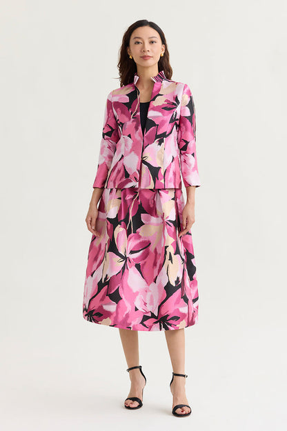 Shimmer Lined Floral Jacquard Woven Midi Skirt, Carmine Rose/Perfect Pink/Limestone/White/Black | Ming Wang
