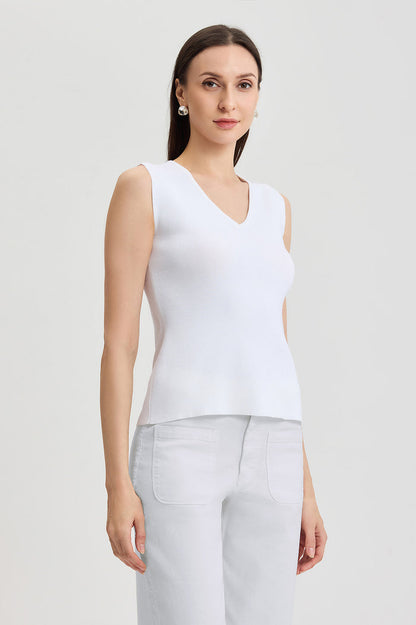 Family Savvy V-Neck Soft Knit Tank, White, White | Ming Wang