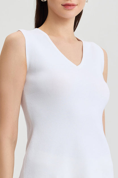 Family Savvy V-Neck Soft Knit Tank, White, White | Ming Wang